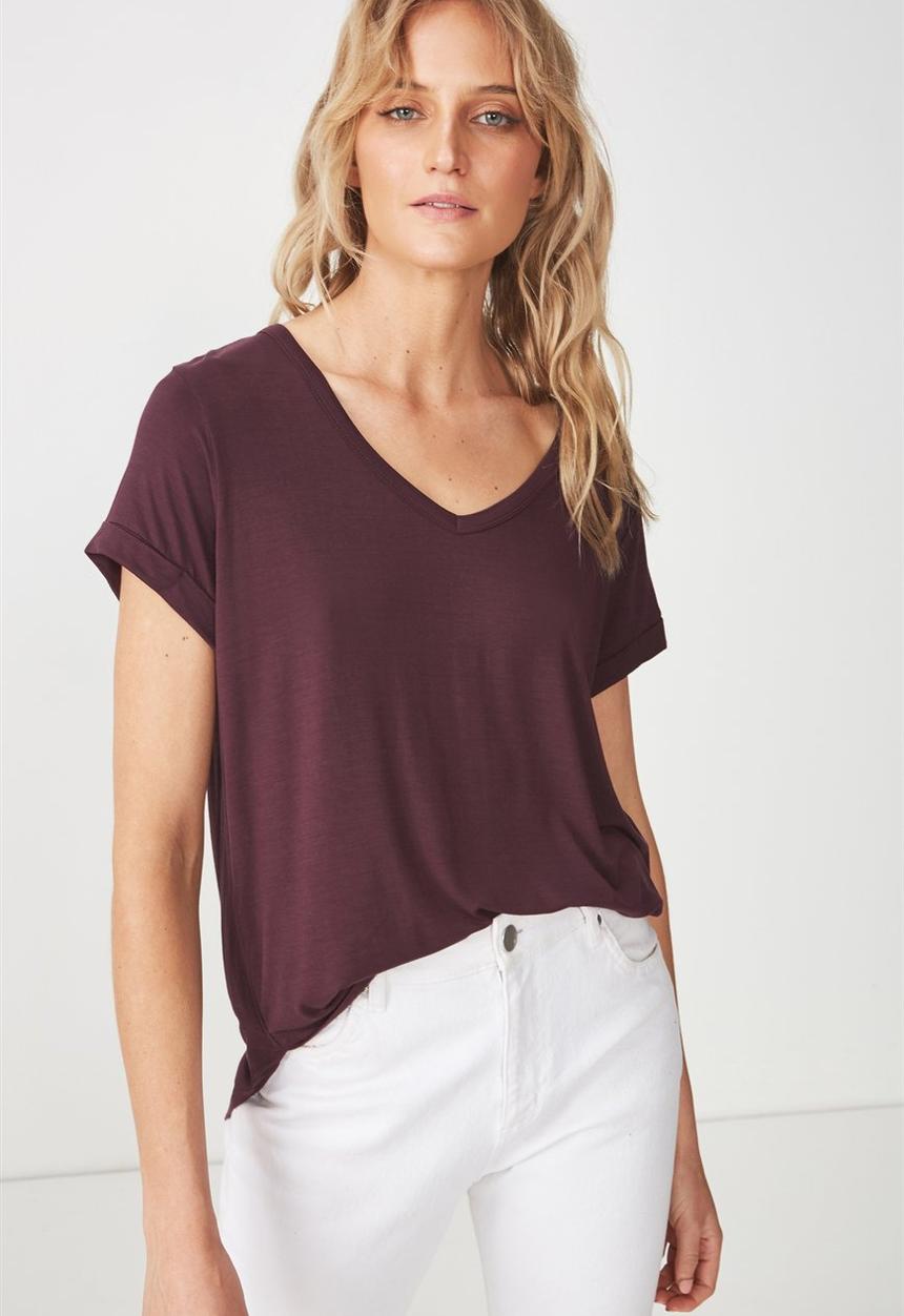 Cotton On - Short sleeve v neck top - burgundy