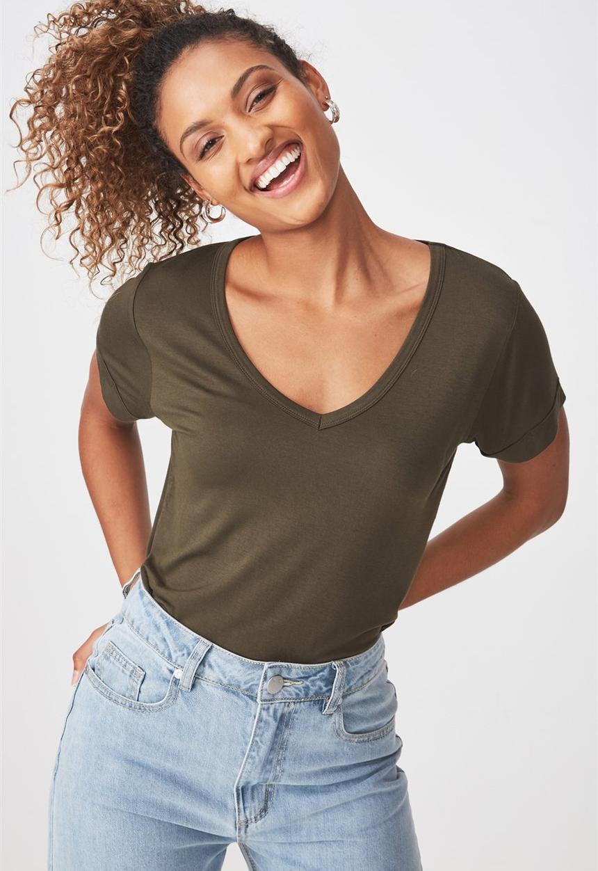Cotton On - Short sleeve v neck top - khaki