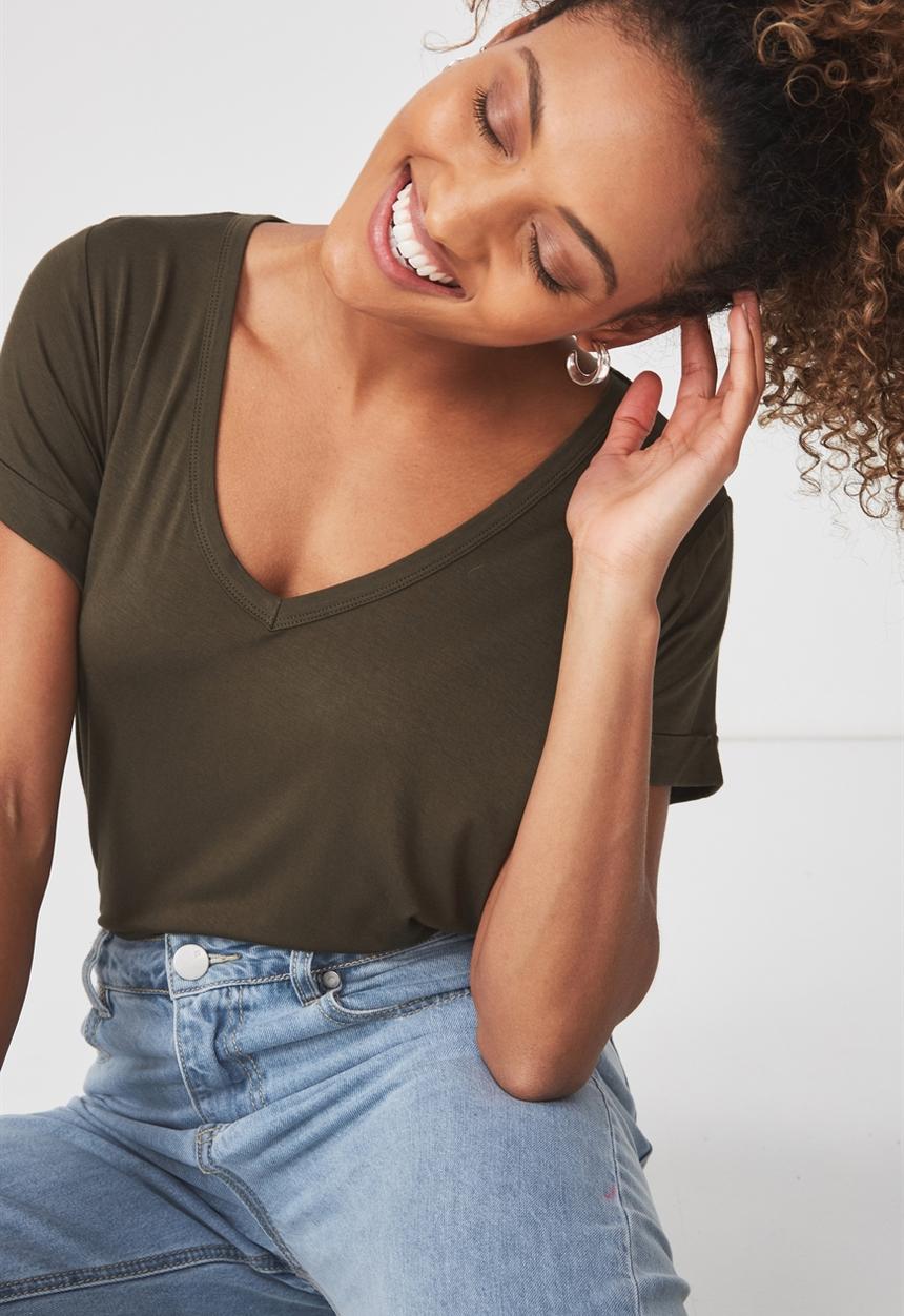 Cotton On - Short sleeve v neck top - khaki