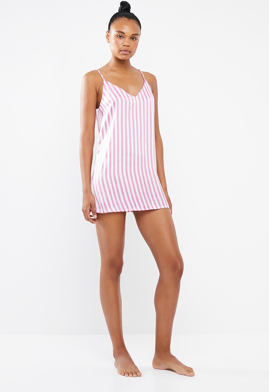 Missguided - Candy stripe satin deep v slip - pink