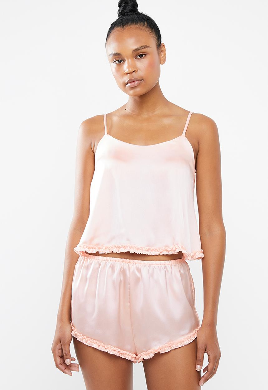 Missguided - Ruffle hem satin short pj set - pink