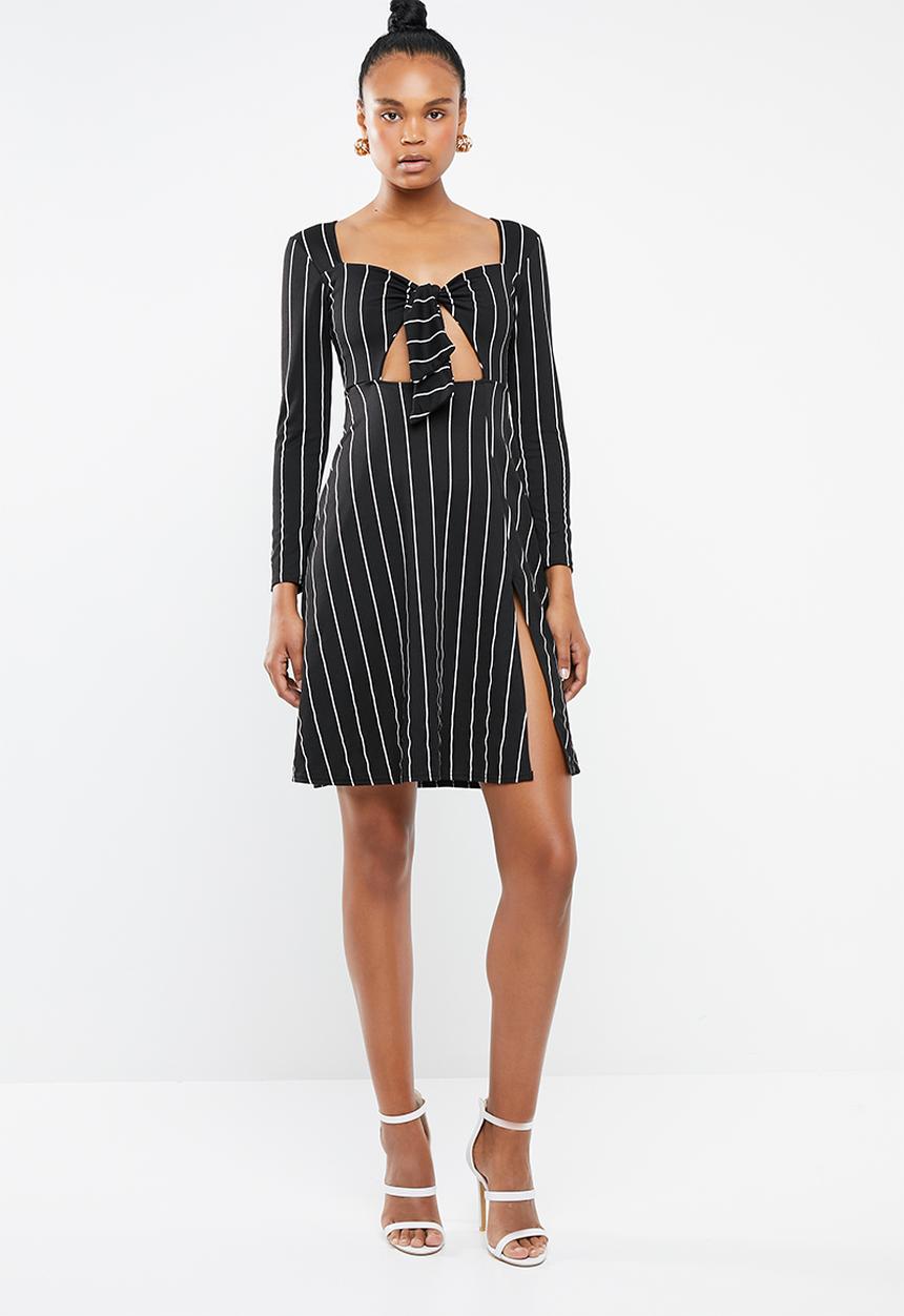Missguided - Tie front long sleeve midi dress - black