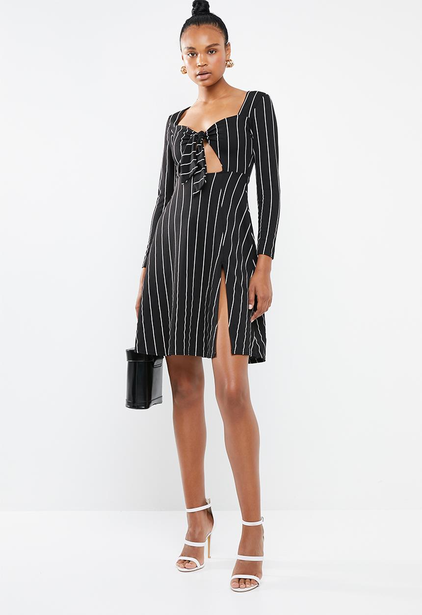 Missguided - Tie front long sleeve midi dress - black