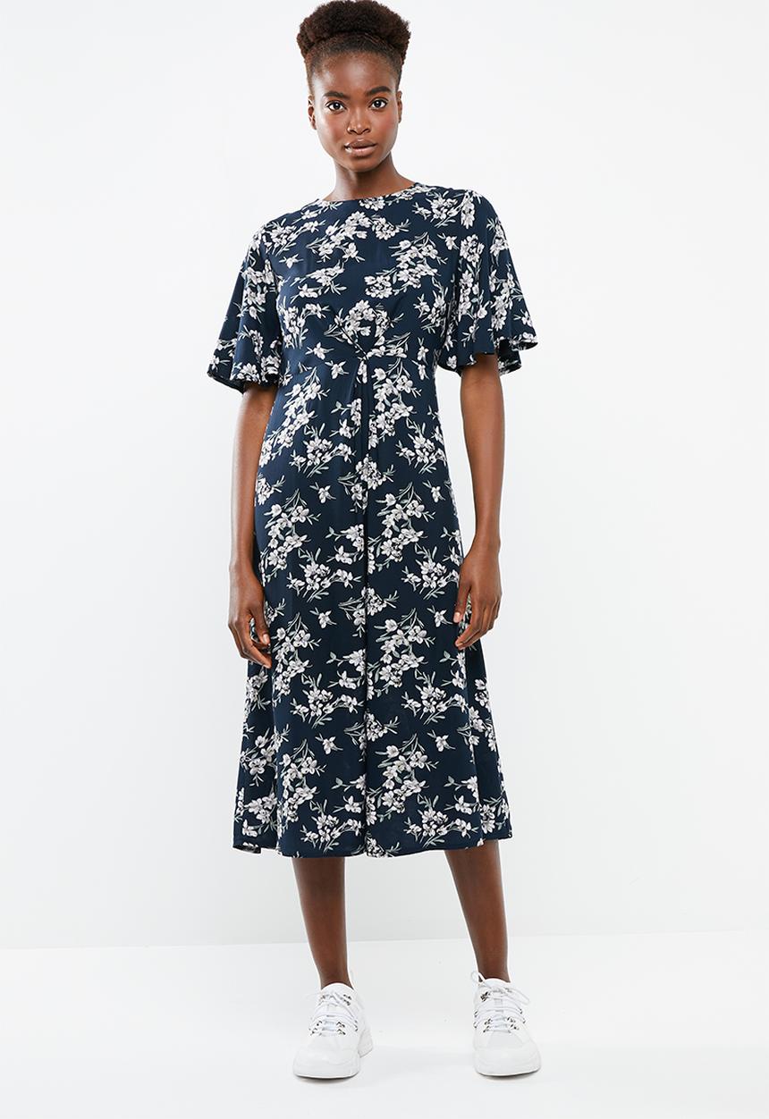 Revenge - Floral tie front wide sleeve dress - navy