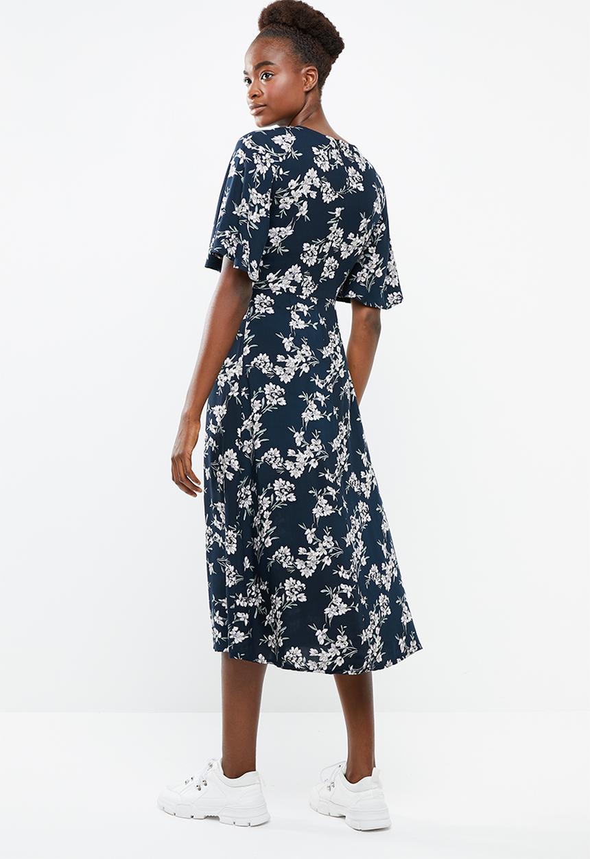 Revenge - Floral tie front wide sleeve dress - navy