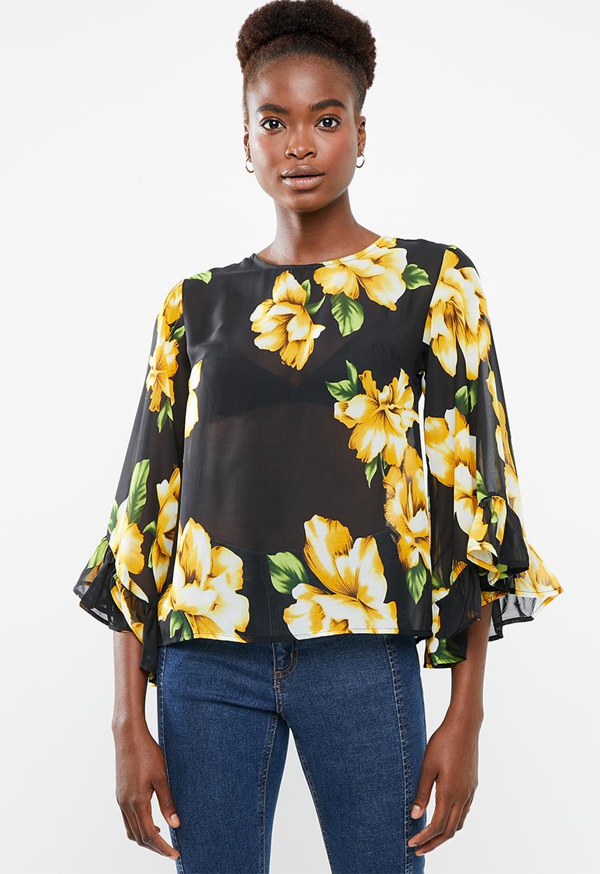 Revenge - Floral sheer top with volume sleeve - multi