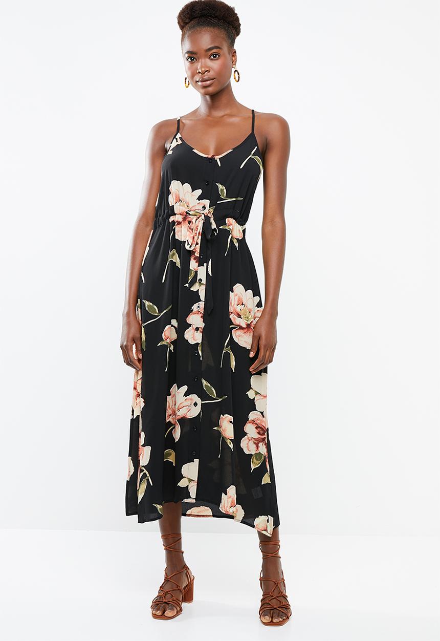 Revenge - Cami strap floral maxi with tie waist - black