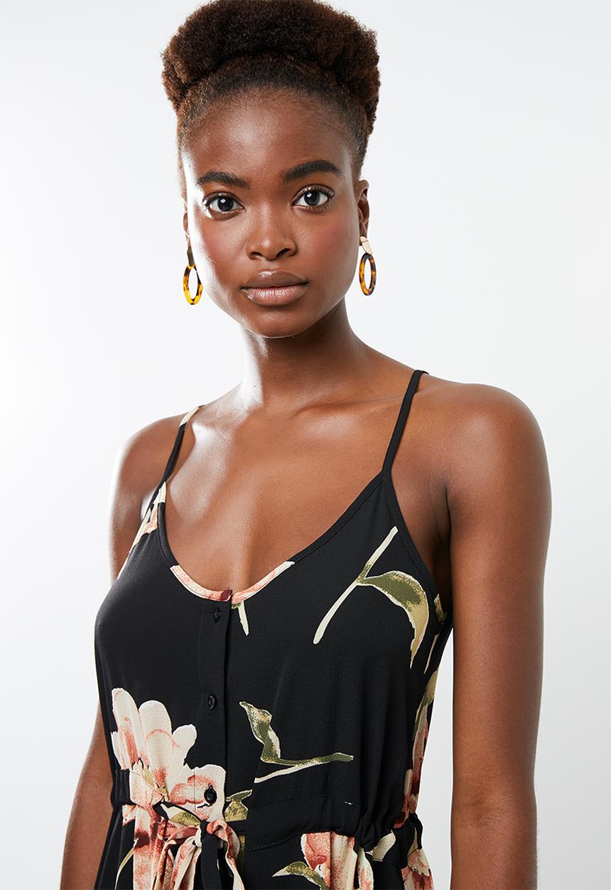 Revenge - Cami strap floral maxi with tie waist - black