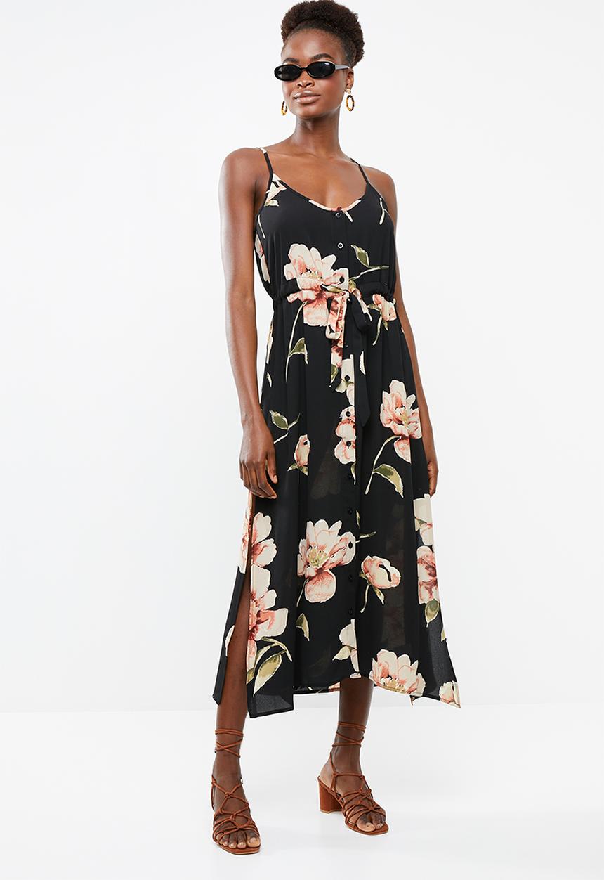Revenge - Cami strap floral maxi with tie waist - black