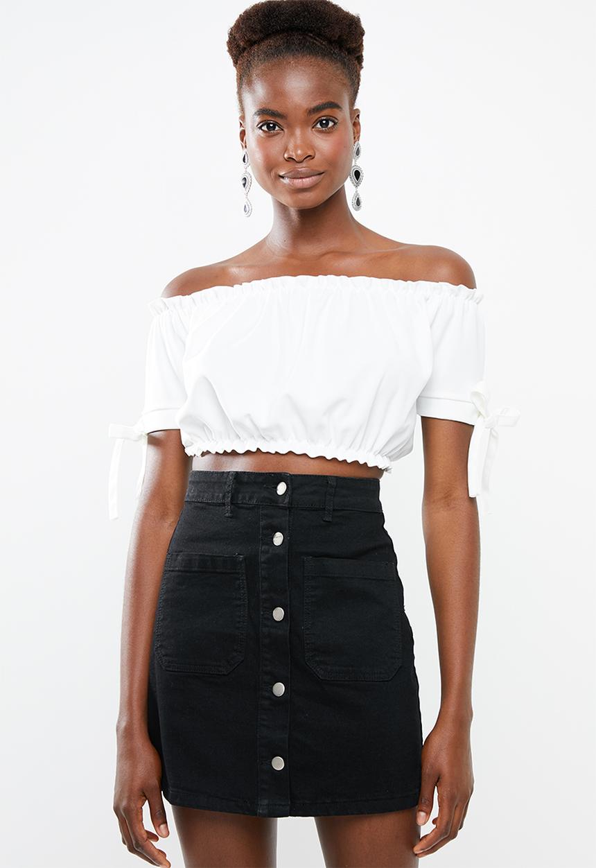 New Look - Go short sleeve frill bardot crop - white