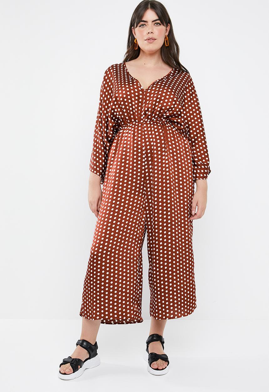 Missguided - Curved kimono sleeve polka dot jumpsuit - brown & white 