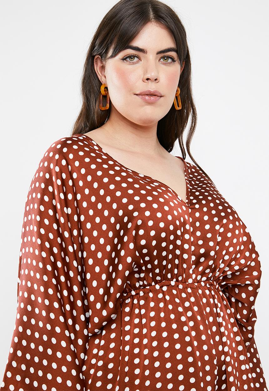 Missguided - Curved kimono sleeve polka dot jumpsuit - brown & white 