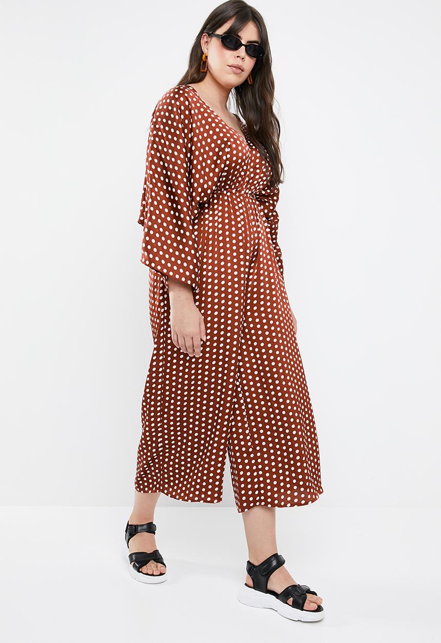 Missguided - Curved kimono sleeve polka dot jumpsuit - brown & white 