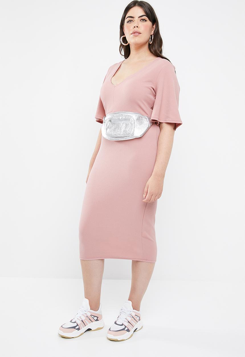 Missguided - Curved plunge kimono sleeve midi dress - pink 