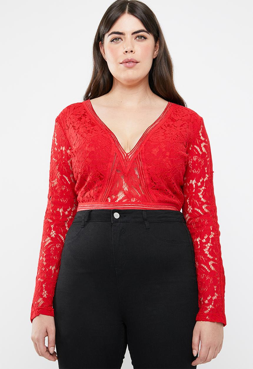 Missguided - Curve sports tape long sleeve plunge bodysuit - red 