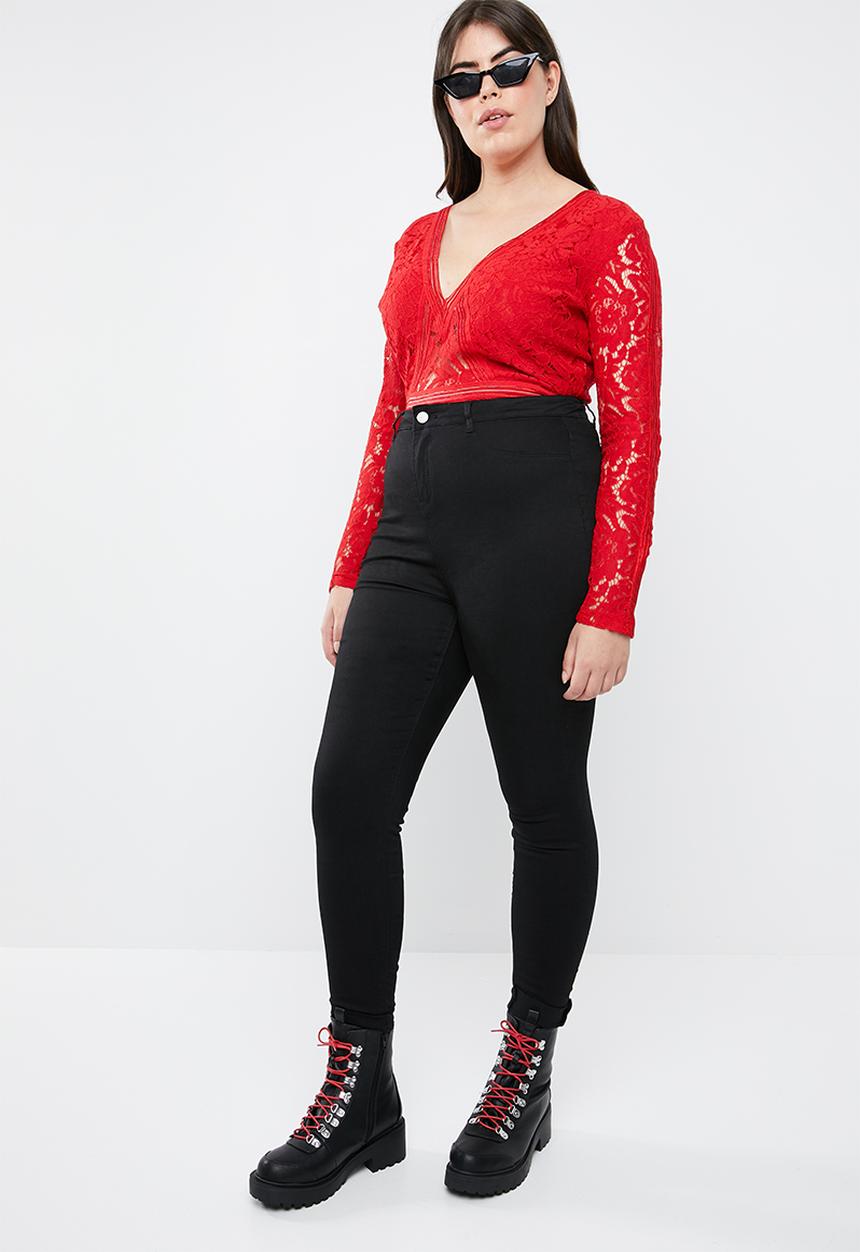 Missguided - Curve sports tape long sleeve plunge bodysuit - red 