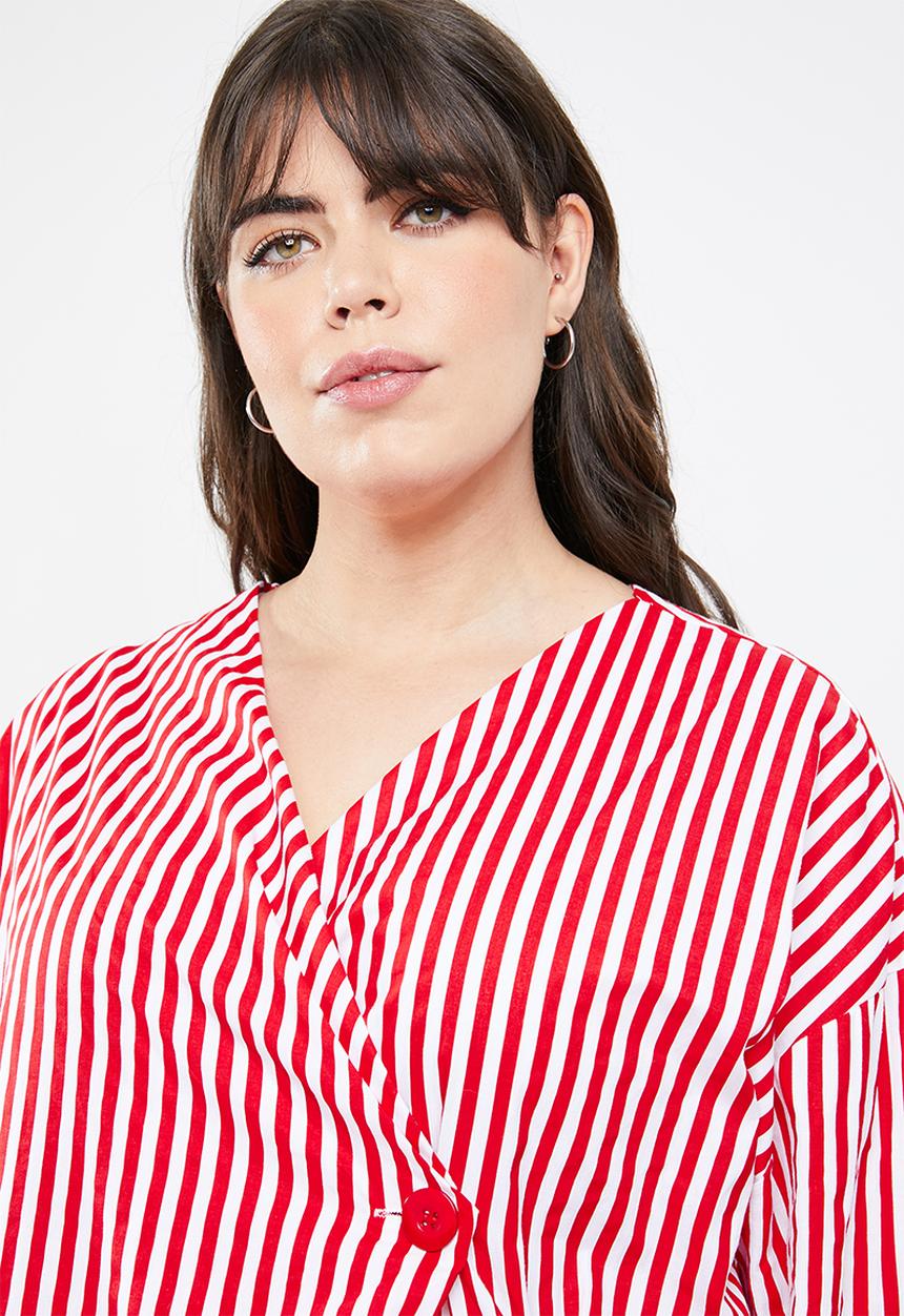 STYLE REPUBLIC PLUS - Wrap stripe blazer - red & white 