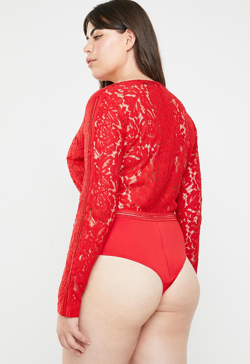 Missguided - Curve sports tape long sleeve plunge bodysuit - red 