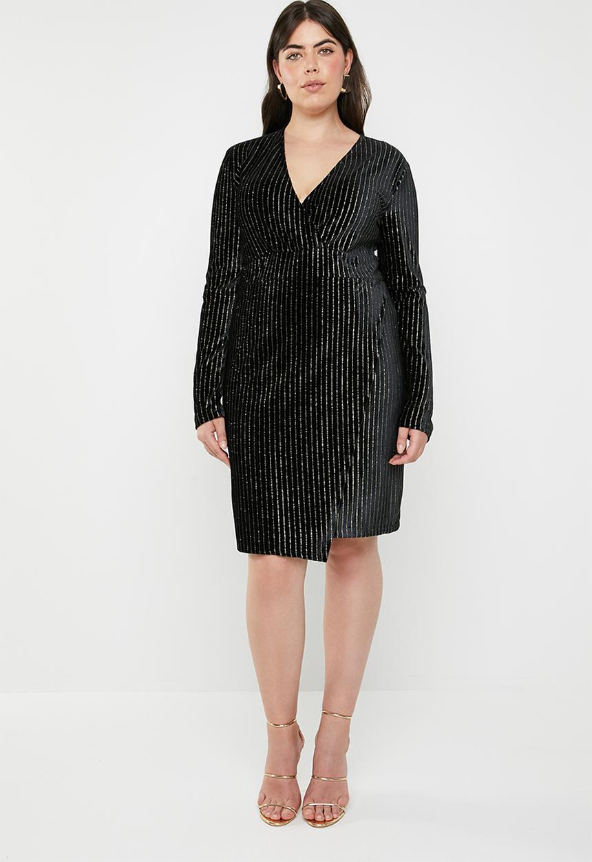 Missguided - Curve velvet glitter stripe wrap dress - black & gold 