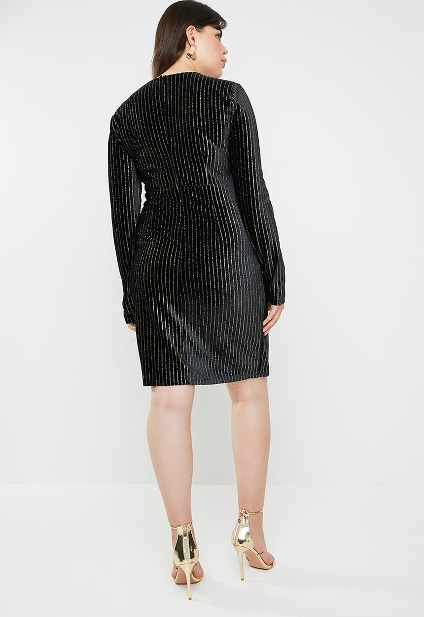 Missguided - Curve velvet glitter stripe wrap dress - black & gold 