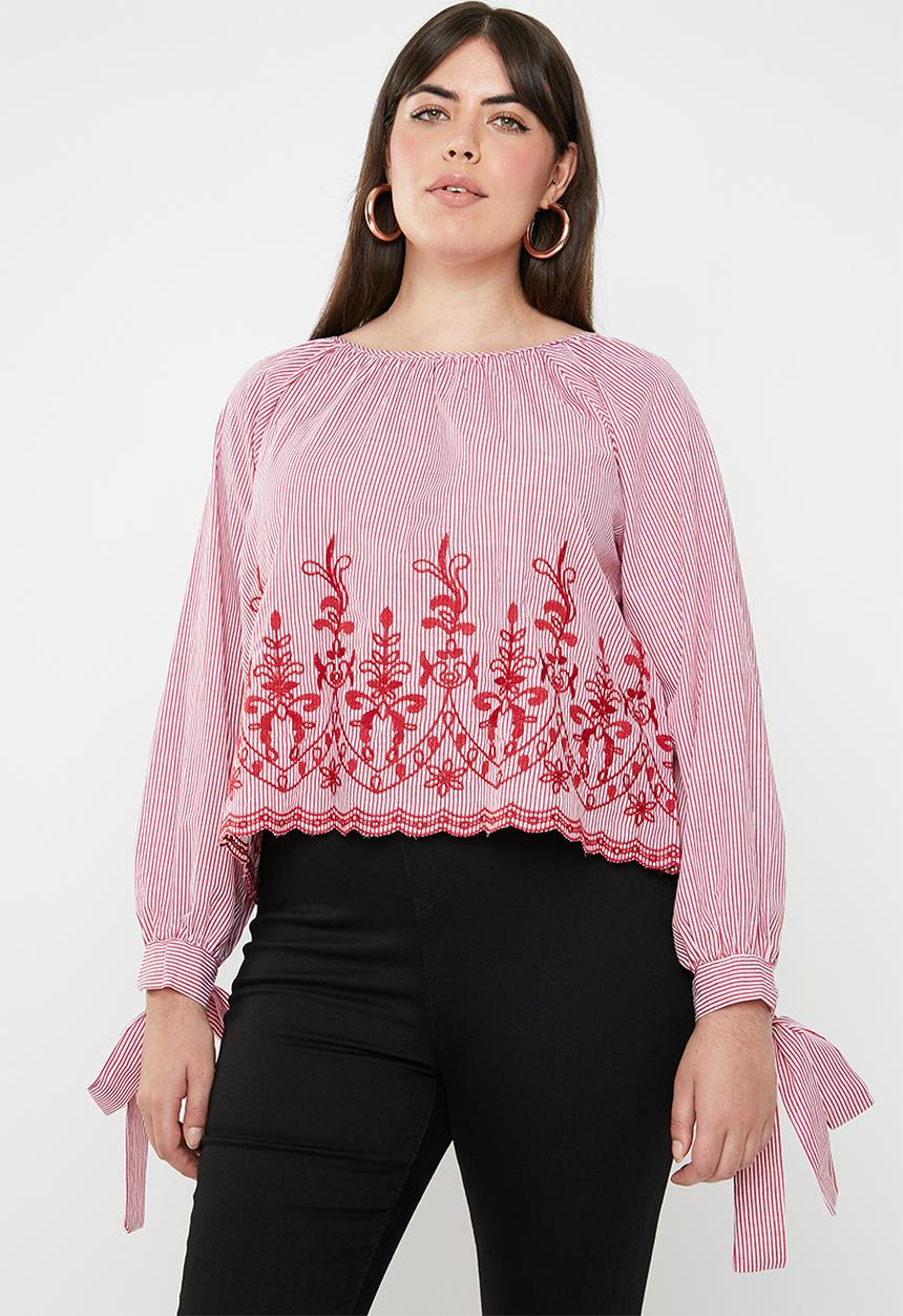STYLE REPUBLIC PLUS - Tie sleeve embroidered stripe blouse - red & white