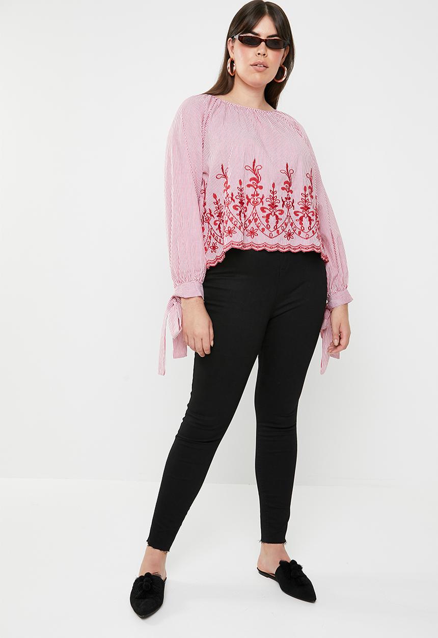 STYLE REPUBLIC PLUS - Tie sleeve embroidered stripe blouse - red & white