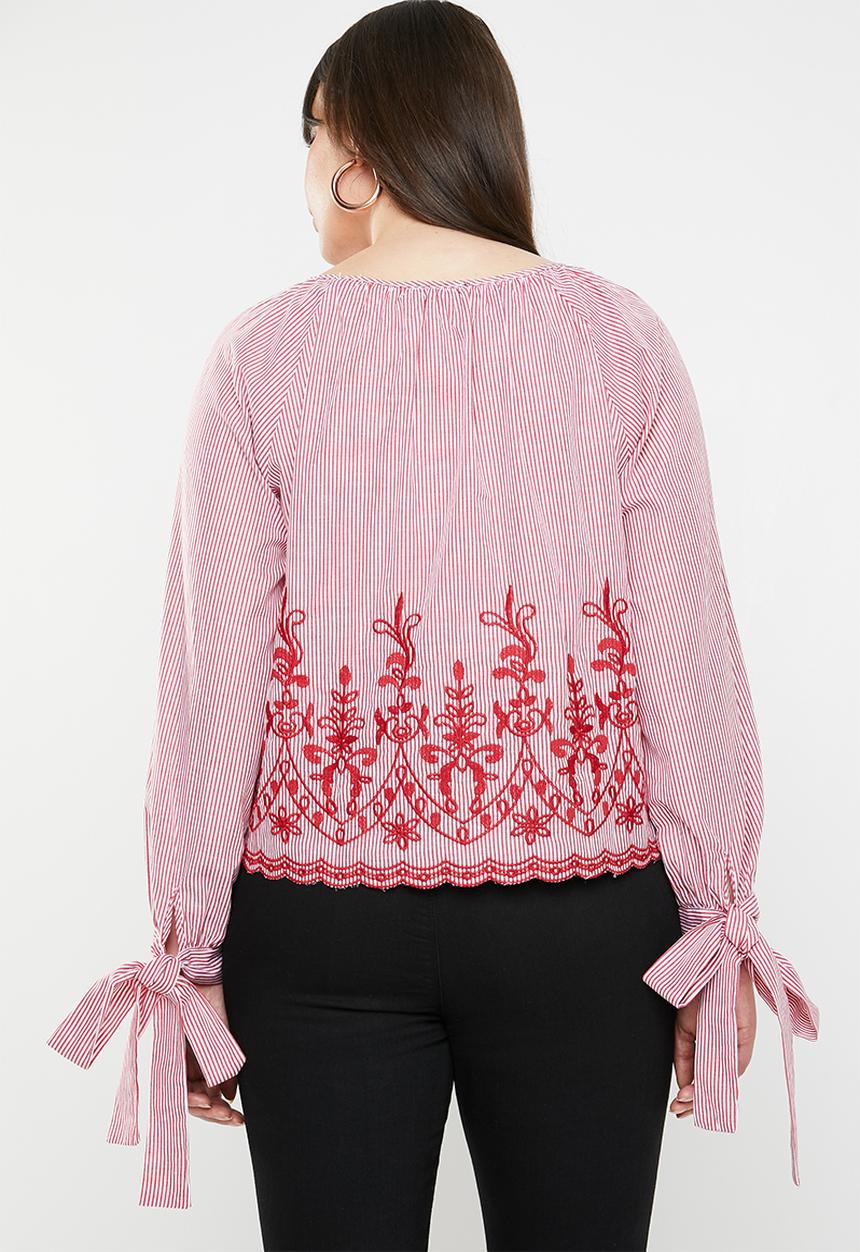 STYLE REPUBLIC PLUS - Tie sleeve embroidered stripe blouse - red & white