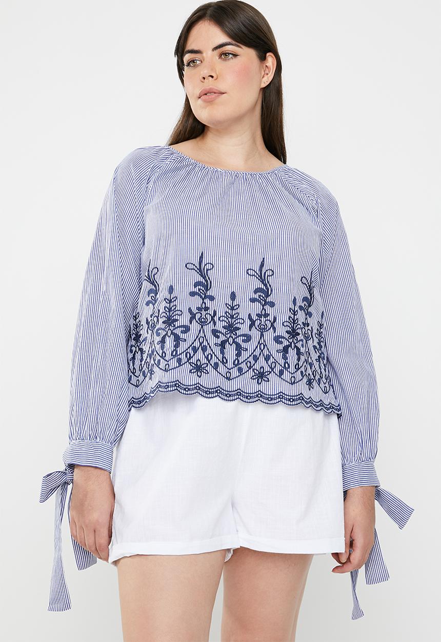 STYLE REPUBLIC PLUS - Tie sleeve embroidered stripe blouse - blue & white 