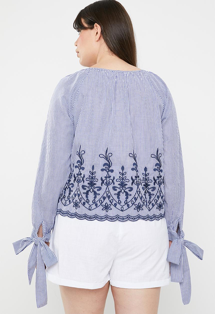 STYLE REPUBLIC PLUS - Tie sleeve embroidered stripe blouse - blue & white 