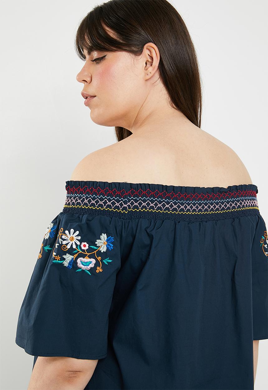 STYLE REPUBLIC PLUS - Boho embroidered bardot top - navy