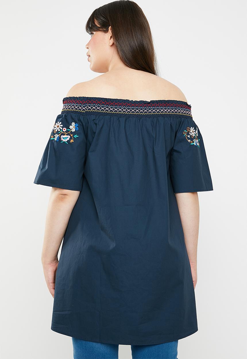 STYLE REPUBLIC PLUS - Boho embroidered bardot top - navy