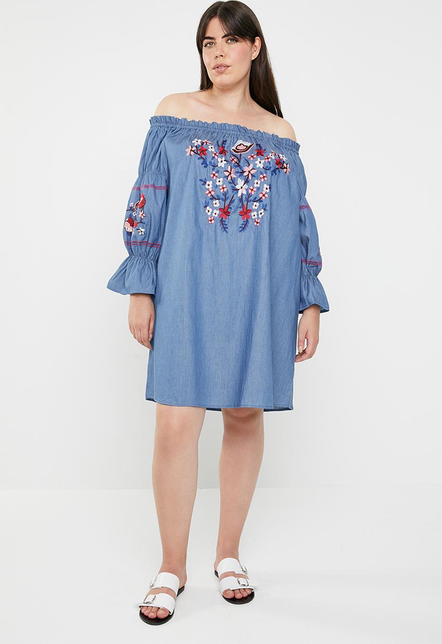 STYLE REPUBLIC PLUS - Paper-bag bardot dress - blue