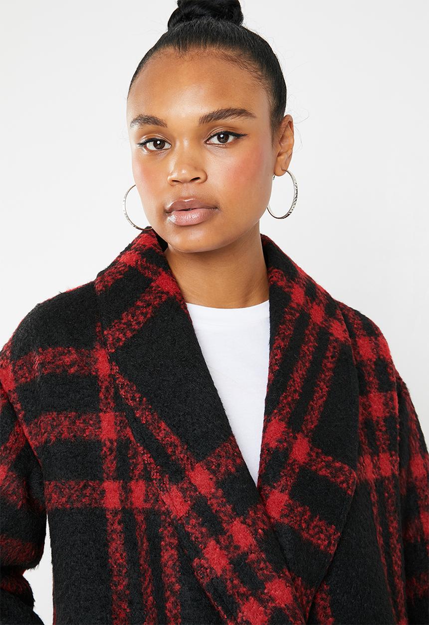 Missguided - Check shawl collar coat - red & black