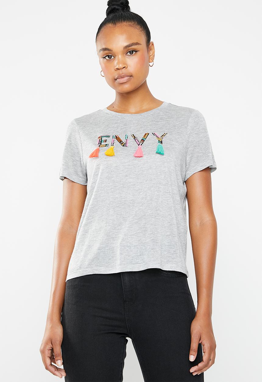ONLY - Pam print top with sequence and tassel  top - grey 