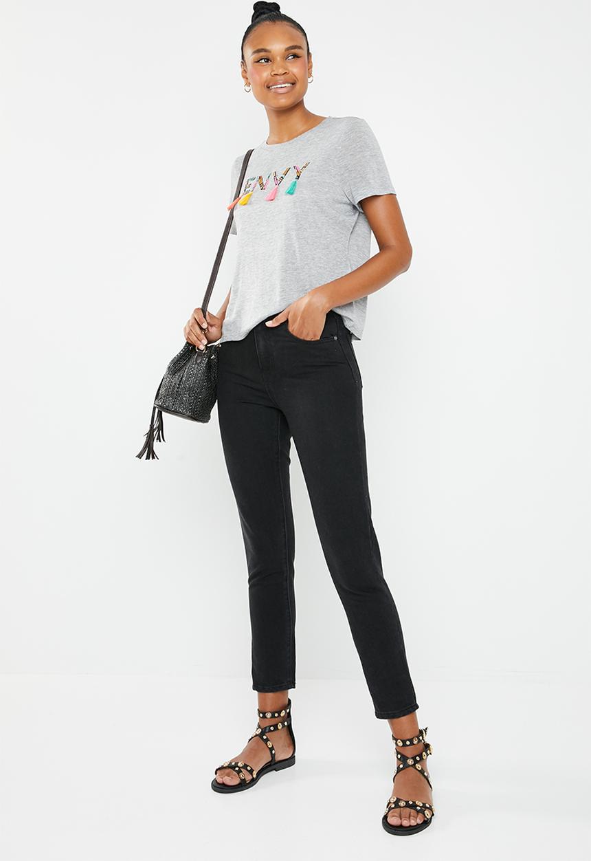 ONLY - Pam print top with sequence and tassel  top - grey 