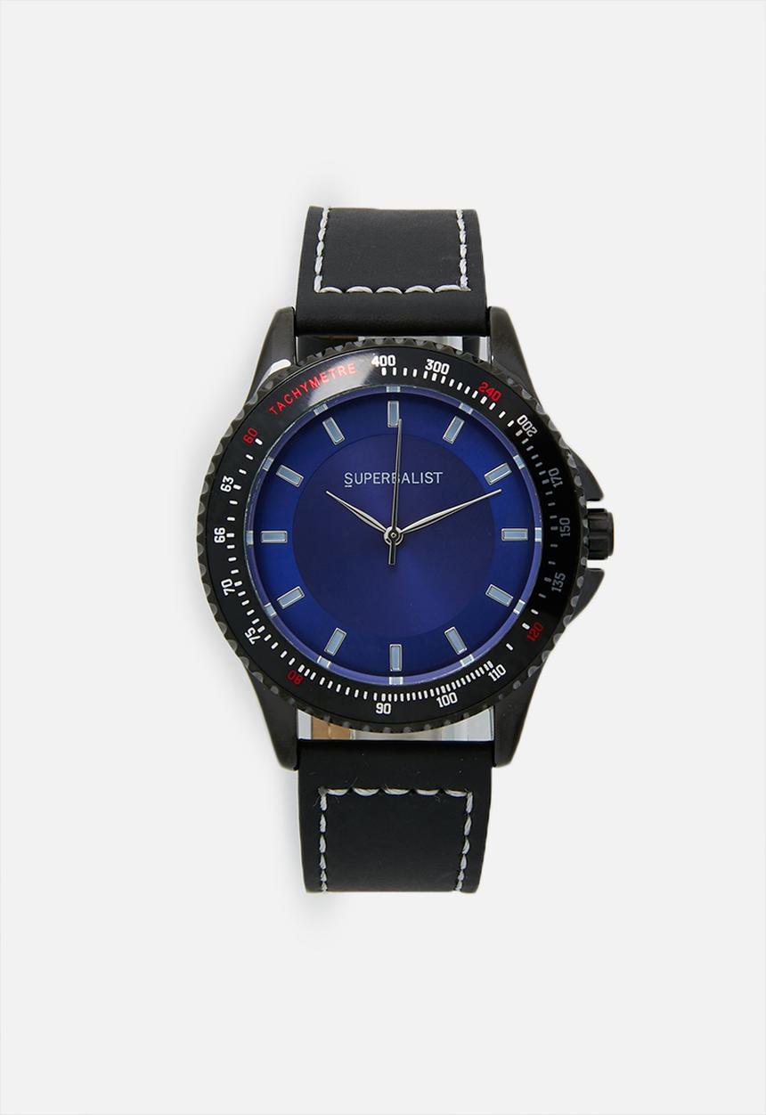 Superbalist - Connor stitch detail leather watch - black & navy