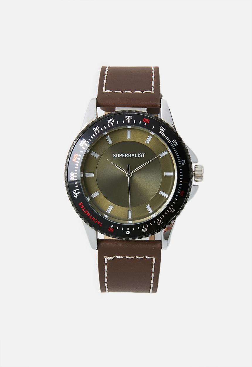 Superbalist - Connor stitch detail leather watch - brown