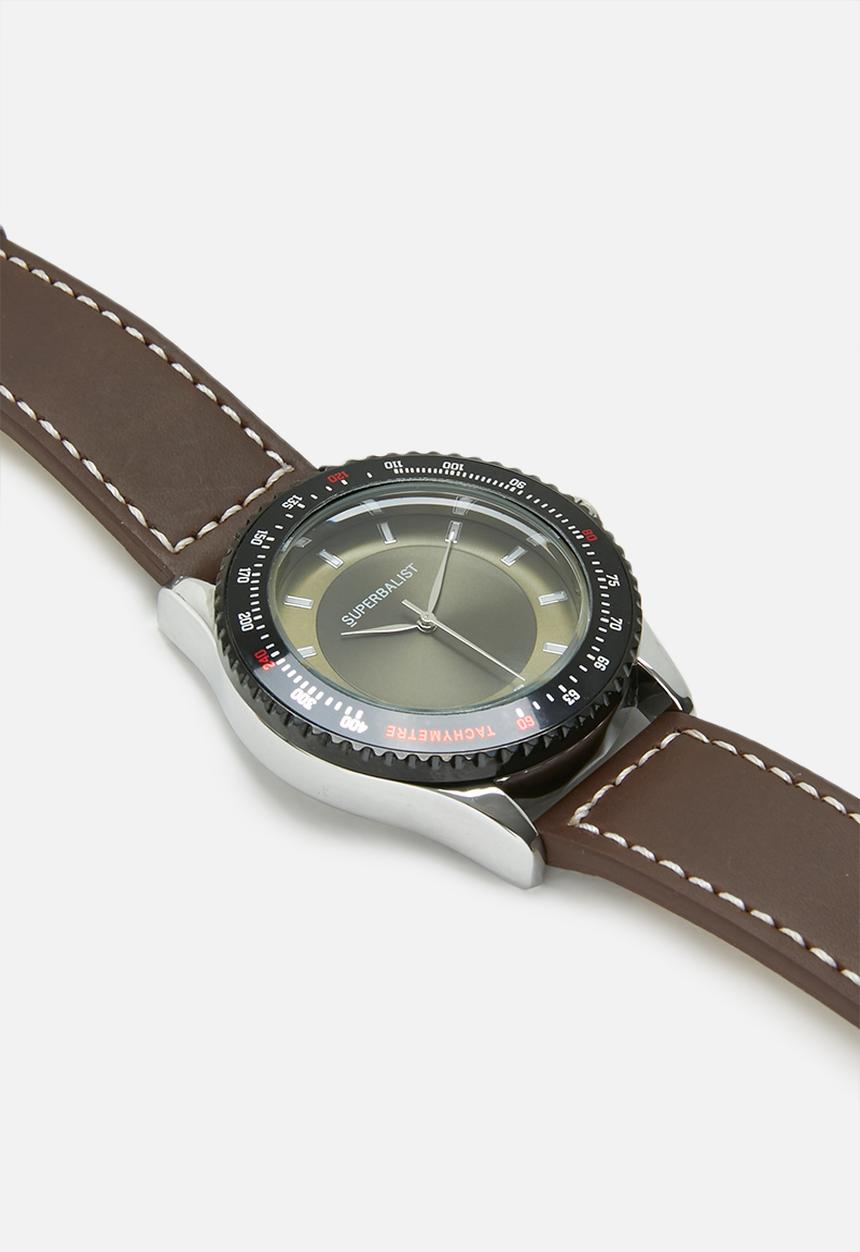 Superbalist - Connor stitch detail leather watch - brown