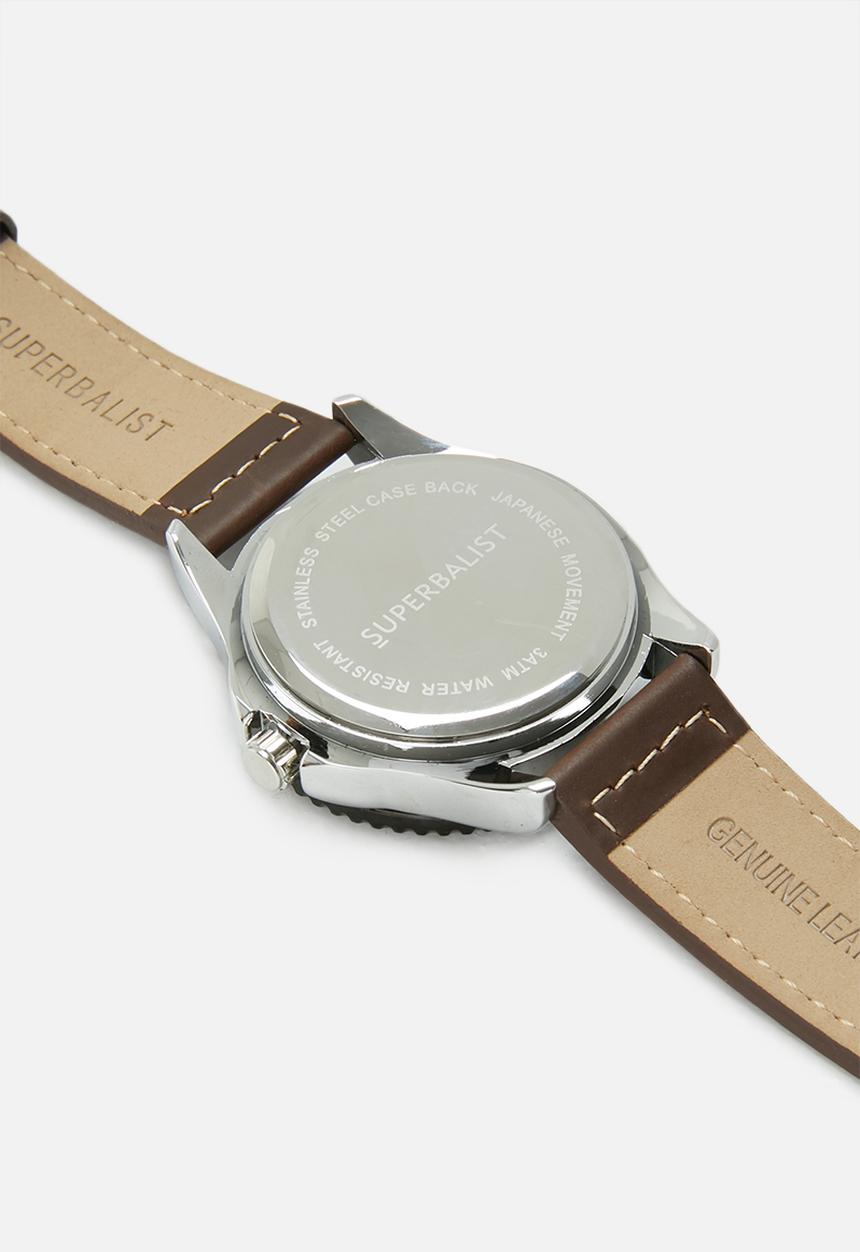 Superbalist - Connor stitch detail leather watch - brown