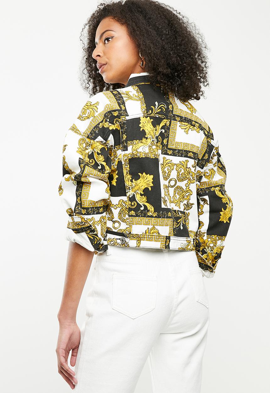 Missguided - Baroque print cropped denim jacket - black & yellow