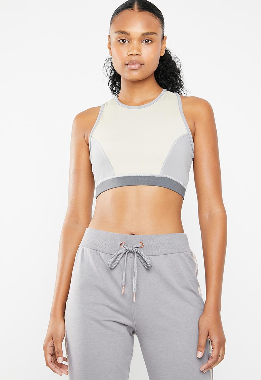 South Beach  - Coffee cream cross back gym top - grey & neutral