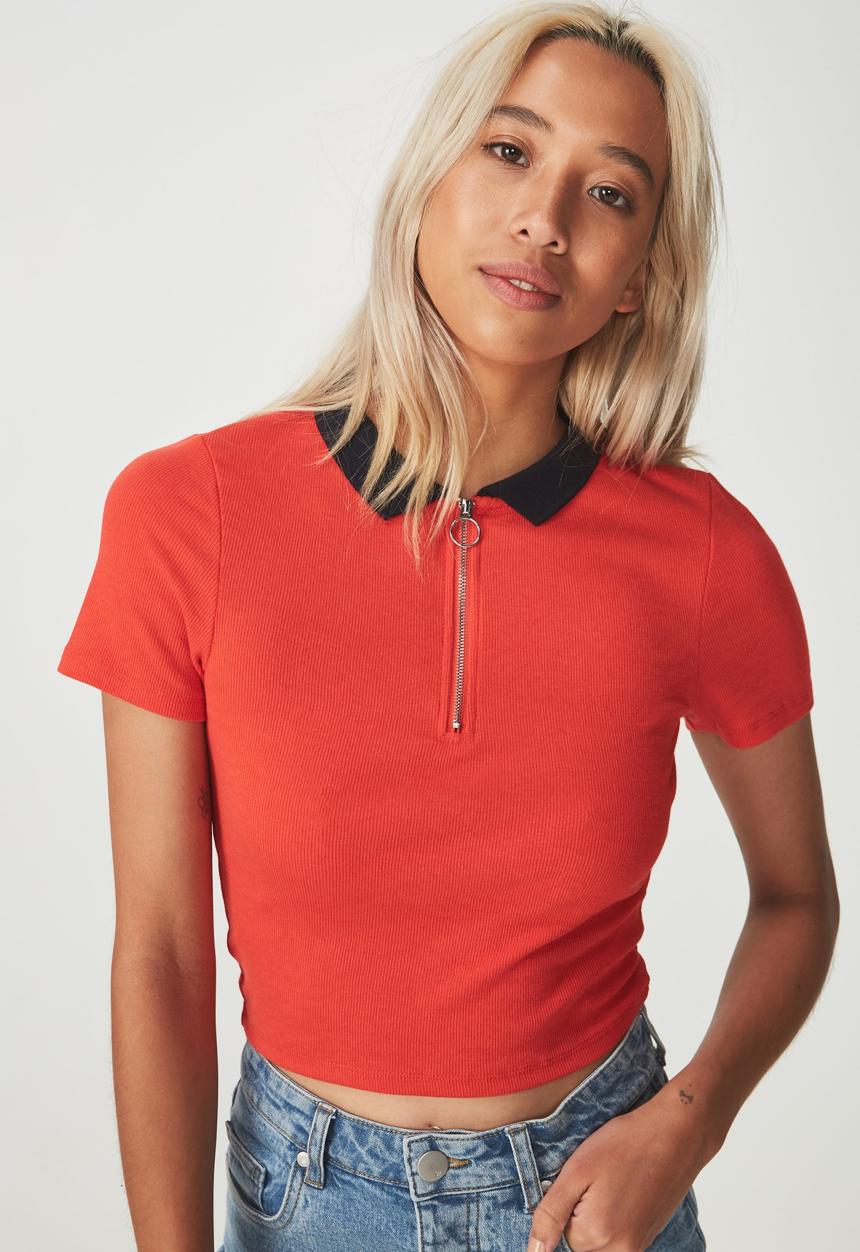 Cotton On - Nadine zip front short sleeve tee - red