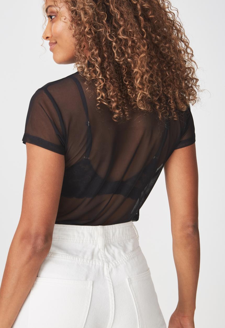 Cotton On - Mesh mock neck tee - black
