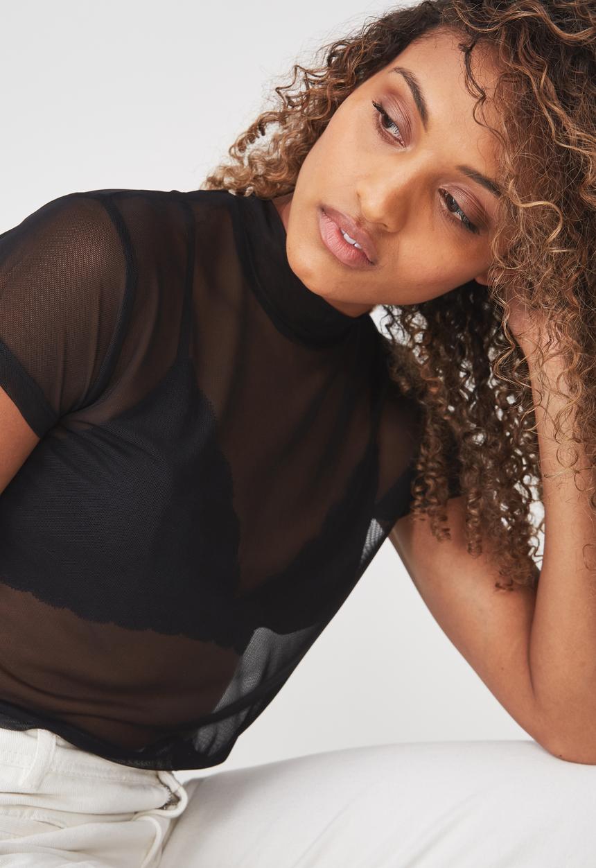 Cotton On - Mesh mock neck tee - black