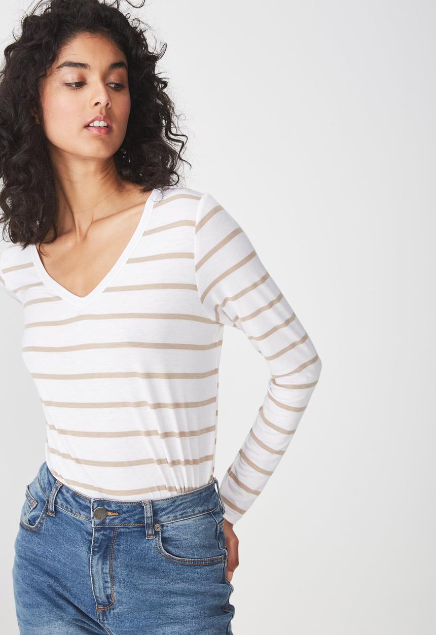 Cotton On - Karly long sleeve top - white & beige 