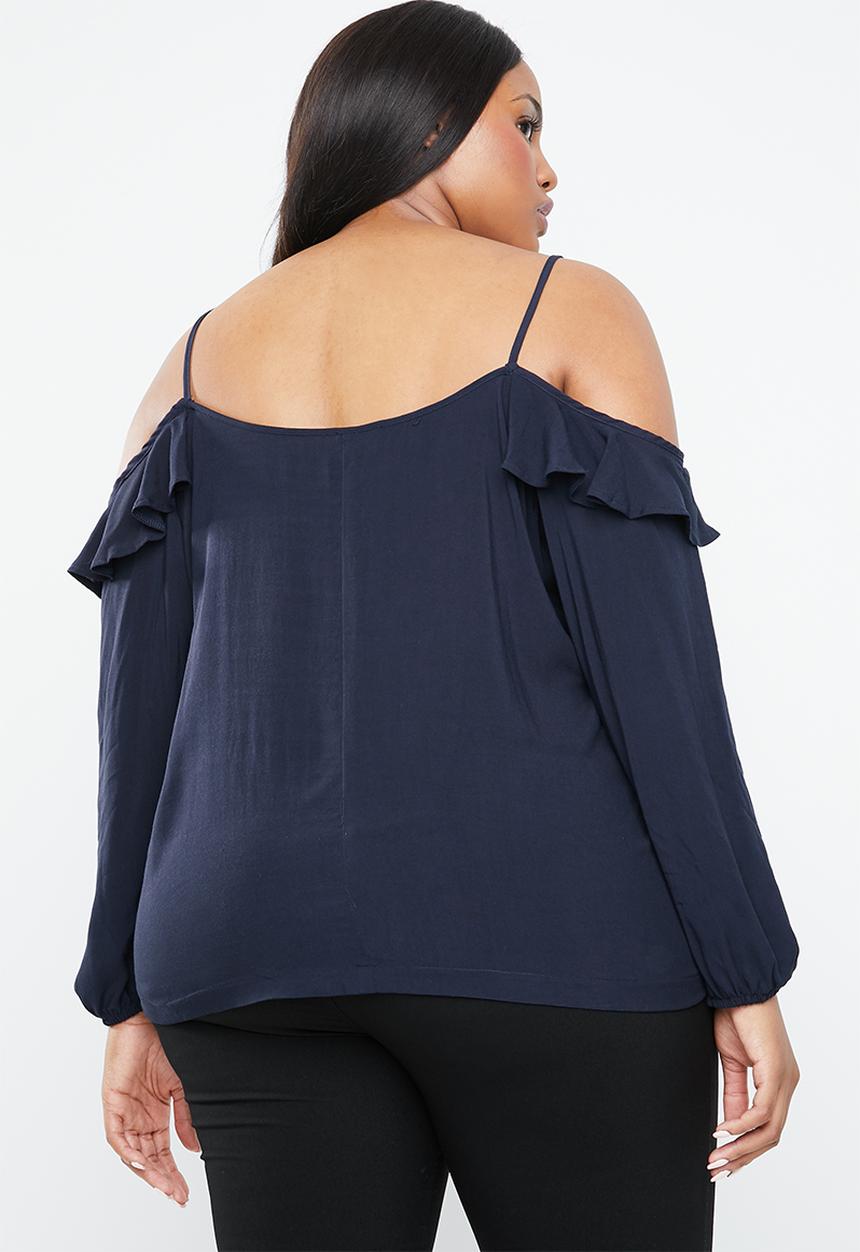 STYLE REPUBLIC PLUS - Cold shoulder frill top - navy