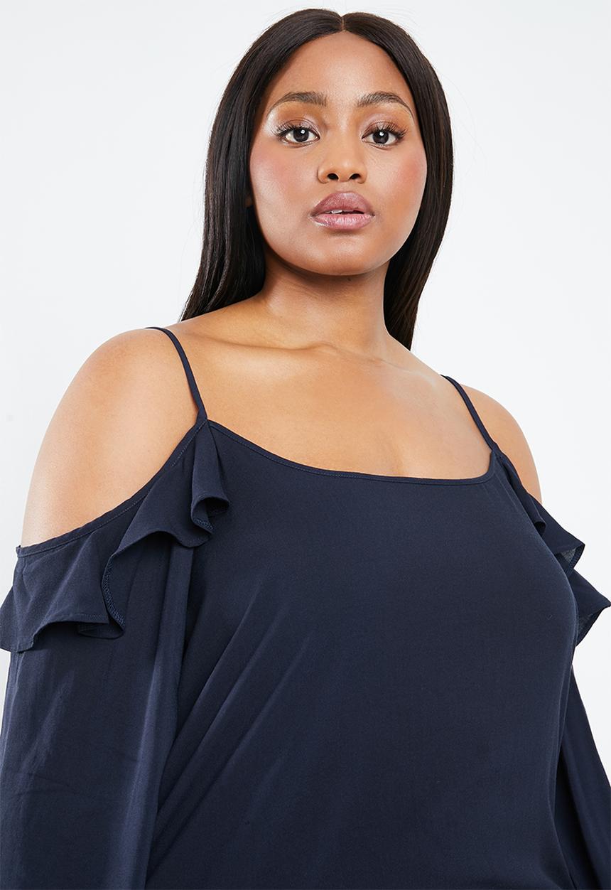 STYLE REPUBLIC PLUS - Cold shoulder frill top - navy