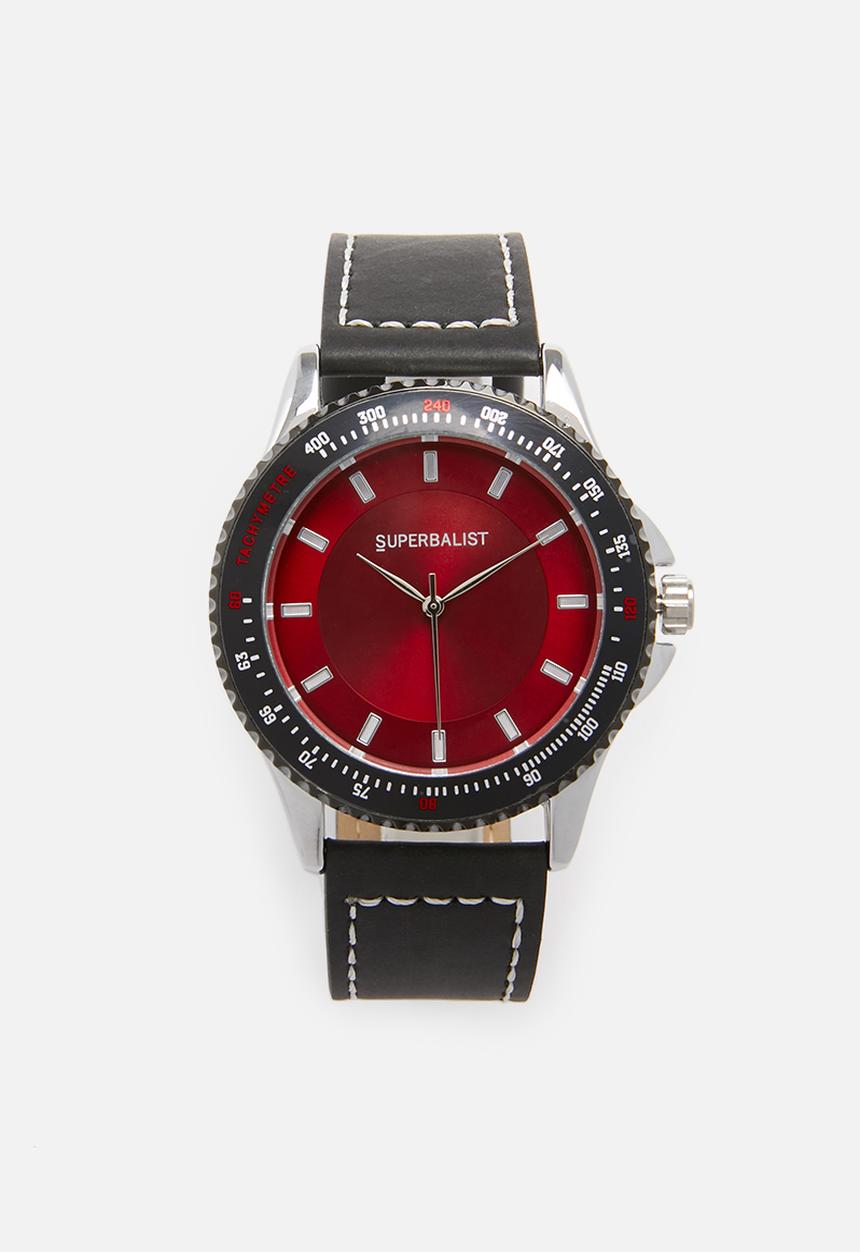 Superbalist - Connor stitch detail leather watch - black & red