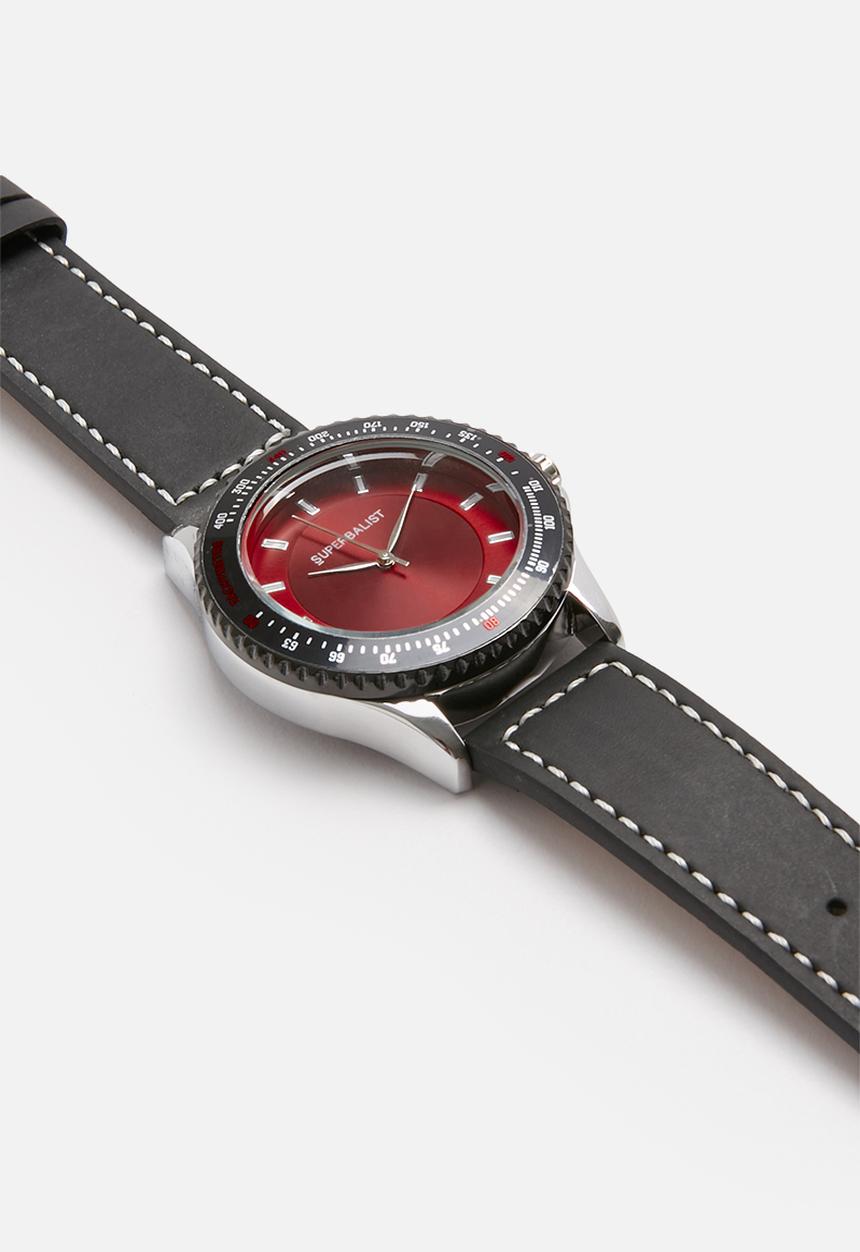 Superbalist - Connor stitch detail leather watch - black & red