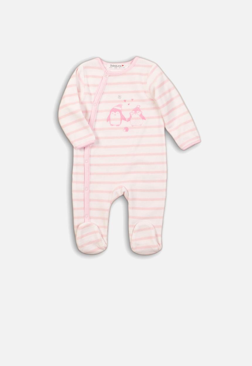 MINOTI - Penguin velour stripe sleepsuit - pink